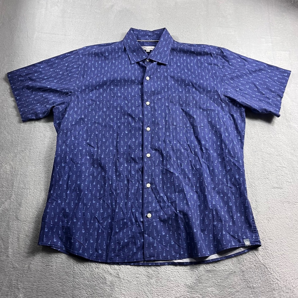 Peter Millar Mens Large Blue Guitar Bottle Print Short Sleeve Button Down Shirt - Picture 3 of 8